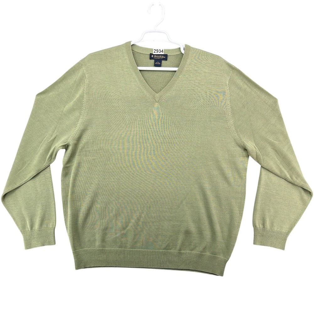 Brooks Brothers Mens XXL V-Neck Sweater Silk Cotton Blend Olive Green L/S